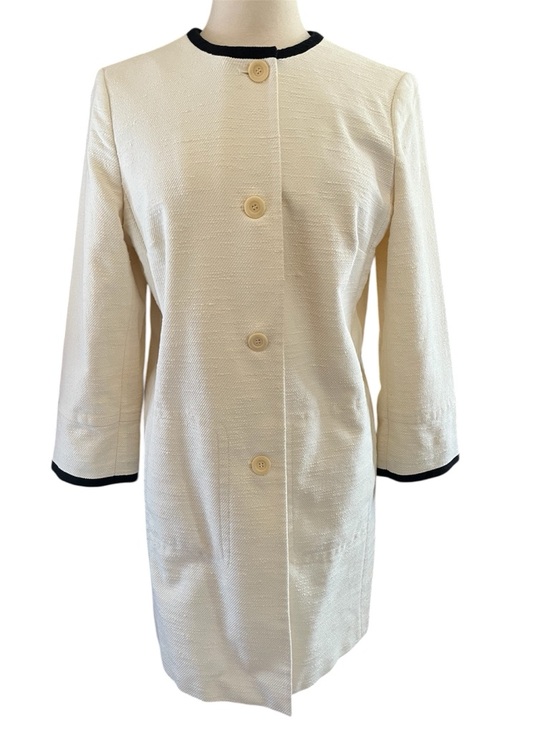 Talbots Jackets & Blazers - Talbots collarless textured Ivory Coat/Duster w/ Black Trim & pockets Size 14